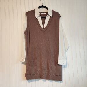 SIONI Brown White V Neck Preppy Light Academia Layered Shirt Tunic XL